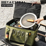 42L Collapsible Outdoor Tactical Organizer, Oxford Fabric Large Capacity Camping Gear Storage Bin with Waterproof PVC Base & Hanging Webbing for Picnic, Hiking, Camping & Kitchen Utensils, Khaki 38 x 26 x 30cm