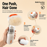 White Rechargeable Pet Grooming Vacuum Brush and Hair Deshedding Comb with 140° Curved Pin Comb & Removable Collection Chamber, 4-in-1 Self-Cleaning Slicker Brush, Detangling Rake, Silicone Cleaning Brush & Blow Nozzle for Cats and Dogs