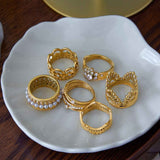 Style 6 Vintage Gold-Plated Stainless Steel Ring for Women - Waterproof Hypoallergenic Stackable Statement Rings, Crown Pearl Crystal & Lace Style Collection Size 7 Inner Diameter 0.68 in