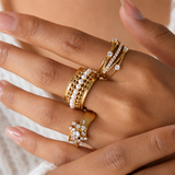 3-Piece Vintage Gold-Plated Stainless Steel Rings Set for Women - Waterproof Hypoallergenic Stackable Statement Rings, Pearl Crystal & Lace Style Collection Size 7 Inner Diameter 0.68 in