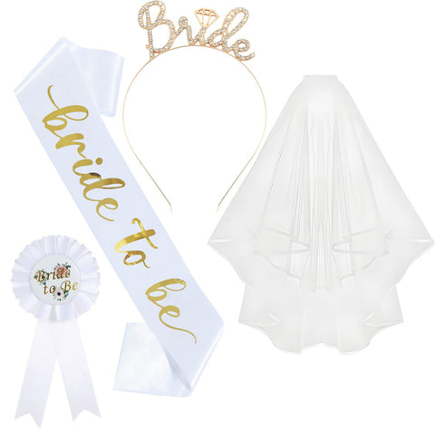 White and Gold Bride to Be Bachelorette Party Accessory Set, 4 Piece Bridal Shower Accessories Kit with Rhinestone Headband, Sash, Badge and Double Layer Veil with Comb