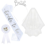 White and Silver Bride to Be Bachelorette Party Accessory Set, 4 Piece Bridal Shower Accessories Kit with Rhinestone Headband, Sash, Badge and Double Layer Veil with Comb