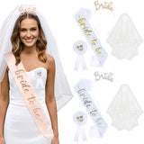 Pink and Gold Bride to Be Bachelorette Party Accessory Set, 4 Piece Bridal Shower Accessories Kit with Rhinestone Headband, Sash, Badge and Double Layer Veil with Comb