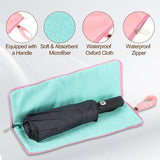 46 inch Black Windproof Automatic Travel Folding Umbrella and Black Absorbent Hanging Storage Pouch Set – Compact 3-Fold Auto Open Close Umbrella wth Double Canopy and 10 Reinforced Ribs for Rain & Sun Outdoor Use