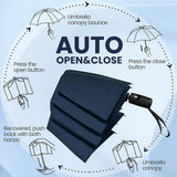 46 inch Wine Red Windproof Automatic Travel Folding Umbrella and Black Absorbent Hanging Storage Pouch Set – Compact 3-Fold Auto Open Close Umbrella wth Double Canopy and 10 Reinforced Ribs for Rain & Sun Outdoor Use
