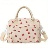Strawberry Print Soft Corduroy Insulated Lunch Bag for Women and Students - Large Capacity Thermal Lunch Tote with Shoulder Strap, Front Zip Pocket and Side Bottle Holder 11.4 x 9 6.7 inch