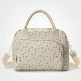 Beige Floral Print Soft Corduroy Insulated Lunch Bag for Women and Students - Large Capacity Thermal Lunch Tote with Shoulder Strap, Front Zip Pocket and Side Bottle Holder 11.4 x 9 6.7 inch