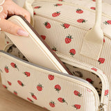 Beige Floral Print Soft Corduroy Insulated Lunch Bag for Women and Students - Large Capacity Thermal Lunch Tote with Shoulder Strap, Front Zip Pocket and Side Bottle Holder 11.4 x 9 6.7 inch