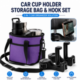 Black and Purple Foldable 4-Zone Car Insulated Drink Carrier Bag Bonus 2 Pack Mutifunctional Headrest Hook Phone Holders, No-Spill Car Cup Holder Organizer and Back Seat Mobile Phone Mount Travel Set for Most Water Bottles