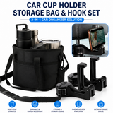 Black Foldable 4-Zone Car Insulated Drink Carrier Bag Bonus 2 Pack Mutifunctional Headrest Hook Phone Holders, No-Spill Car Cup Holder Organizer and Back Seat Mobile Phone Mount Travel Set for Most Water Bottles