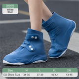 Thickened Waterproof Silicone Rain Shoe Covers with Adjustable Double Buckle Closure, Durable Non-Slip Reusable Overshoes for Men and Women Hiking Camping Daily Use, Blue White Blocking, M Size (EU 34-36)