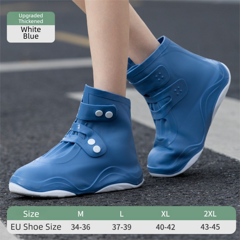 Thickened Waterproof Silicone Rain Shoe Covers with Adjustable Double Buckle Closure, Durable Non-Slip Reusable Overshoes for Men and Women Hiking Camping Daily Use, Blue White Blocking, L Size (EU 37-39)