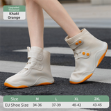 Thickened Waterproof Silicone Rain Shoe Covers with Adjustable Double Buckle Closure, Durable Non-Slip Reusable Overshoes for Men and Women Hiking Camping Daily Use, Khaki Orange Blocking, 2XL Size (EU 43-45)