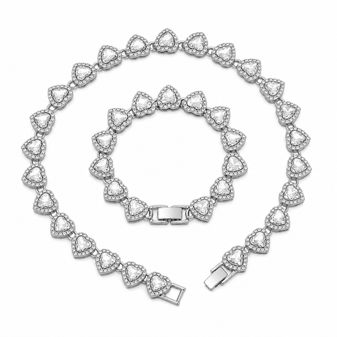 Silver-Plated Heart Rhinestone Cuban Link 18 inch Tennis Necklace and 7 inch Tennis Bracelet Set for Women, Crystal Heart Chain Fashion Jewelry Accessories with Gift Box
