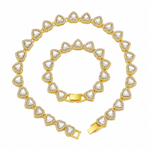 Gold-Plated Heart Rhinestone Cuban Link 18 inch Tennis Necklace and 7 inch Tennis Bracelet Set for Women, Crystal Heart Chain Fashion Jewelry Accessories with Gift Box