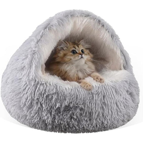 Grey Winter Long Plush Round Donut Cat Bed M Size Dia 40CM - Soft Fluffy Semi-Enclosed Pet Cave Bed with Non-Slip Base, Machine Washable for Cats Dogs Home and Travel Use