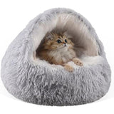 Grey Winter Long Plush Round Donut Cat Bed XL Size Dia 60CM - Soft Fluffy Semi-Enclosed Pet Cave Bed with Non-Slip Base, Machine Washable for Cats Dogs Home and Travel Use