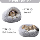 Brown Winter Long Plush Round Donut Cat Bed M Size Dia 40CM - Soft Fluffy Semi-Enclosed Pet Cave Bed with Non-Slip Base, Machine Washable for Cats Dogs Home and Travel Use