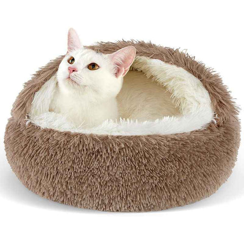 Brown Winter Long Plush Round Donut Cat Bed XL Size Dia 60CM - Soft Fluffy Semi-Enclosed Pet Cave Bed with Non-Slip Base, Machine Washable for Cats Dogs Home and Travel Use