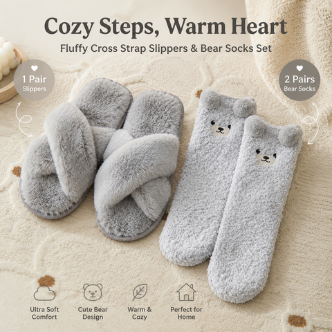 Cozy Winter Home Essentials Set - Grey 1 Pair Women's Plush Cross Band Faux Fur Slippers L Size & 2 Pairs Cute Teddy Bear Fuzzy Socks Set, Warm Indoor Lounge Gift Bundle with Non-Slip House Slides