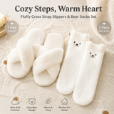 Cozy Winter Home Essentials Set - White 1 Pair Women's Plush Cross Band Faux Fur Slippers M Size & 2 Pairs Cute Teddy Bear Fuzzy Socks Set, Warm Indoor Lounge Gift Bundle with Non-Slip House Slides