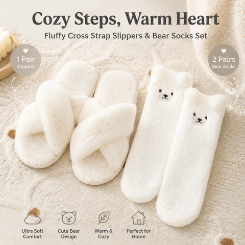 Cozy Winter Home Essentials Set - White 1 Pair Women's Plush Cross Band Faux Fur Slippers XL Size & 2 Pairs Cute Teddy Bear Fuzzy Socks Set, Warm Indoor Lounge Gift Bundle with Non-Slip House Slides