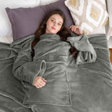 Black 180 x 120CM Extra Large Wearable Wrap Blanket with Sleeves and Large Pocket, Cozy Thickened Flannel Oversized TV Blanket Robe and Sofa Throw for Home Lounging