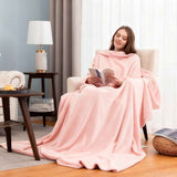 Pink 180 x 120CM Extra Large Wearable Wrap Blanket with Sleeves and Large Pocket, Cozy Thickened Flannel Oversized TV Blanket Robe and Sofa Throw for Home Lounging