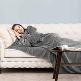 Blue 180 x 120CM Extra Large Wearable Wrap Blanket with Sleeves and Large Pocket, Cozy Thickened Flannel Oversized TV Blanket Robe and Sofa Throw for Home Lounging