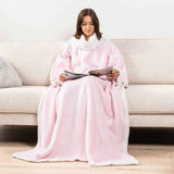 Pink 180 x 120CM Extra Large Wearable Wrap Blanket with Sleeves and Large Pocket, Cozy Thickened Composed Flannel Sherpa Fleece Oversized TV Blanket Robe and Sofa Throw for Home Lounging