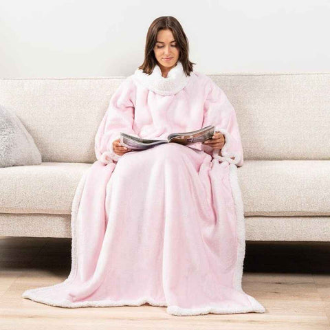 Pink 180 x 120CM Extra Large Wearable Wrap Blanket with Sleeves and Large Pocket, Cozy Thickened Composed Flannel Sherpa Fleece Oversized TV Blanket Robe and Sofa Throw for Home Lounging