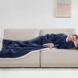 Blue 180 x 120CM Extra Large Wearable Wrap Blanket with Sleeves and Large Pocket, Cozy Thickened Composed Flannel Sherpa Fleece Oversized TV Blanket Robe and Sofa Throw for Home Lounging