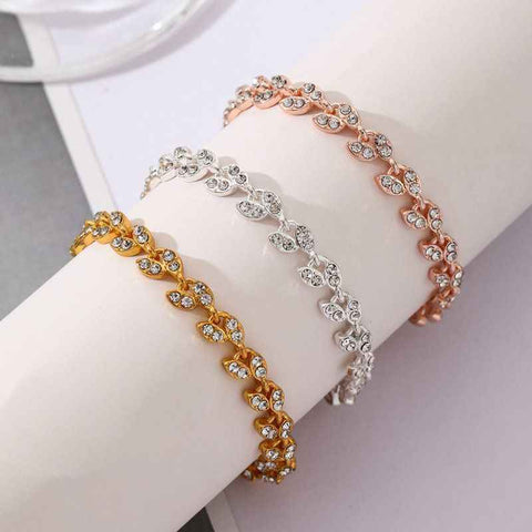 3 Pack Silver Gold and Rose Gold Women's Crystal Leaf Bracelets with Gift Box – Elegant Rhinestone Alloy Link Bracelet, Minimalist Fashion Jewelry Gift for Women