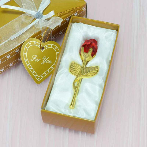 2 Set of Red Crystal Rose Flower with Gold Gift Box and Gold Plated Stem Leaf – Elegant Crystal & Metal Rose Ornament | Wedding Party Gift, Valentine's Day & Anniversary Keepsake