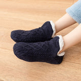Winter Cozy Warm Loungewear Gift Set – 150 x 180CM Navy Blue Flannel Fleece Wearable Blanket with Adjustable Sleeves Large Front Pocket and Back Velcro Closure, Free XL Size Sherpa Fleece Cable Knit Anti-Slip Slipper Socks for Home Relaxation