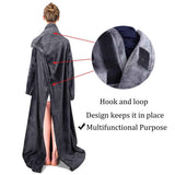 Winter Cozy Warm Loungewear Gift Set – 170 × 200CM Navy Blue Flannel Fleece Wearable Blanket with Adjustable Sleeves Large Front Pocket and Back Velcro Closure, Free XL Size Sherpa Fleece Cable Knit Anti-Slip Slipper Socks for Home Relaxation