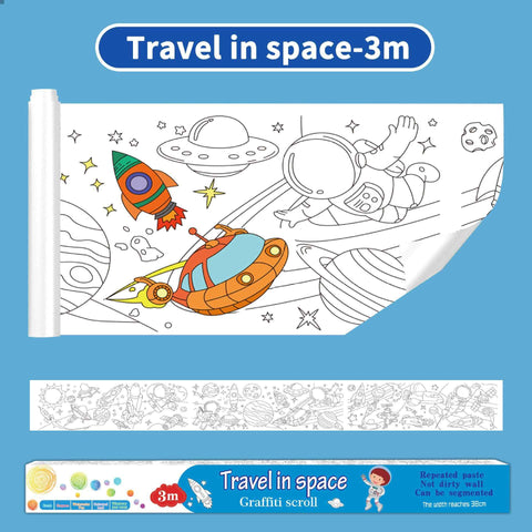 3M Extra Long Kids Reusable Coloring Paper Roll, Space Adventure Theme Self-Adhesive Wall Coloring Poster and DIY Cuttable Drawing Craft Paper Scroll with Gift Box