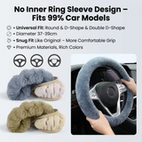 2-Piece Winter Warm Non-Slip Car Interior Comfort Combo with Grey Soft Bubble Fleece 3D Fluffy Car Seat Cushion and Black Plush Steering Wheel Cover, Universal Dia 38CM