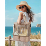 16.5 x 7.9 x 18.9" Beige Beach Travel Mesh Tote Bag with 14L Insulated Drink Compartment - Multi Pockets Sandproof Beach Picnic Bag with Picnic Mat Strap, Cup Holder and Waterproof Phone Pocket