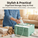 Light Green Large Capacity Plush Baby Diaper Caddy Storage Tote, Foldable Nursery Organizer Bag and Mommy Handbag with Muti Pockets, 4 Adjustable Dividers and Teddy Charm for Travel & Home Use (15.3 x 10.6 x 7")