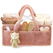Pink Large Capacity Plush Baby Diaper Caddy Storage Tote, Foldable Nursery Organizer Bag and Mommy Handbag with Muti Pockets, 4 Adjustable Dividers and Teddy Charm for Travel & Home Use (15.3 x 10.6 x 7")
