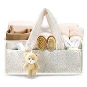 White Large Capacity Plush Baby Diaper Caddy Storage Tote, Foldable Nursery Organizer Bag and Mommy Handbag with Muti Pockets, 4 Adjustable Dividers and Teddy Charm for Travel & Home Use (15.3 x 10.6 x 7")