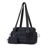 Black Women’s Fluffy Nylon Gym Travel Tote Bag and Coin Purse Set - Side Drawstring Cup Holder, Front / Back Zipper Pockets and Wet & Dry Separation, Large Capacity and Lightweight 11.7 x 4.2 x 8"