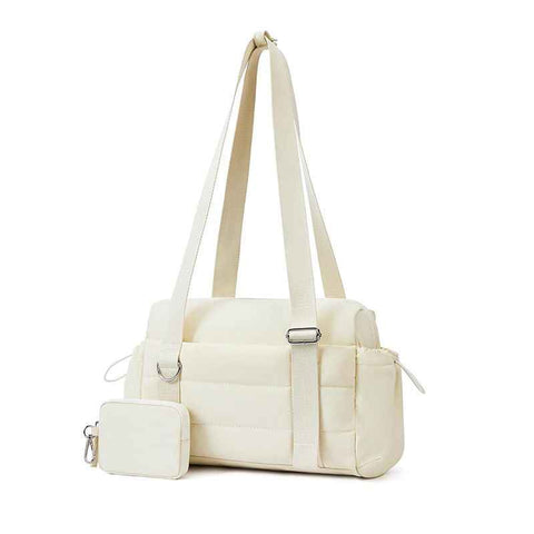 Beige Women’s Fluffy Nylon Gym Travel Tote Bag and Coin Purse Set - Side Drawstring Cup Holder, Front / Back Zipper Pockets and Wet & Dry Separation, Large Capacity and Lightweight 11.7 x 4.2 x 8"