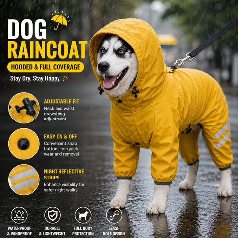 Yellow Waterproof Full Body Dog Raincoat with Adjustable Hood & Waist, Easy Snap Closure and Hidden Leash Opening - Lightweight Four-Leg Reflective Pet Rain Suit for Small Medium Large Dogs, M Size In Australia - Darrahopens