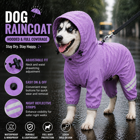 Purple Waterproof Full Body Dog Raincoat with Adjustable Hood & Waist, Easy Snap Closure and Hidden Leash Opening - Lightweight Four-Leg Reflective Pet Rain Suit for Small Medium Large Dogs, XXL Size In Australia - Darrahopens