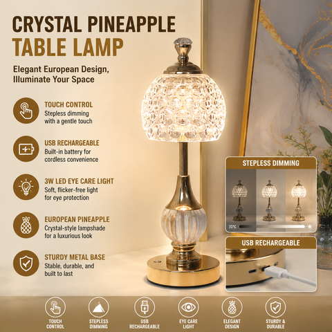Luxury Metal Crystal Table Lamp, European Pineapple Eye Care Bedside Night Light with Dimmable 3 Color - Modern Elegant Bedroom Living Room Lighting (Touch Control / USB Rechargable) In Australia - Darrahopens