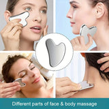 3-Piece Stainless Steel Scraping Board & Facial Massage Roller Set with Large Heart-Shaped Gua Sha Board, Gear Lip-Shaped Facial Gua Sha Plate and Round Handle Beauty Roller