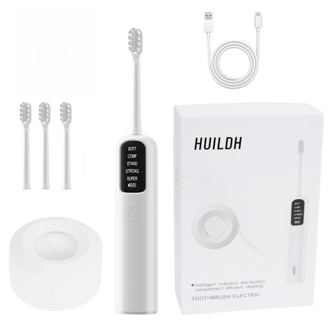 White Rechargeable Dual-Action Vibration & 45° Scientific Sweep Cleaning Electric Toothbrush with 5 Brushing Modes, 4 Brush Head and Storage Base - Smart 2 Min Timer and 30s Quad Reminder, High-Density Rounded Bristles and 3D Precision Brush Head Design