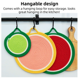3-Piece Lemon Inspired Kitchen Heat Resistant Set with 18cm & 30cm Round Cotton Rope Woven Trivets + 1 Pair Duckbill Oven Mitt - Foldable Table Protection Mats and Black Polka Dot Cooking Gloves, Perfect for Home Baking and Cooking Lover